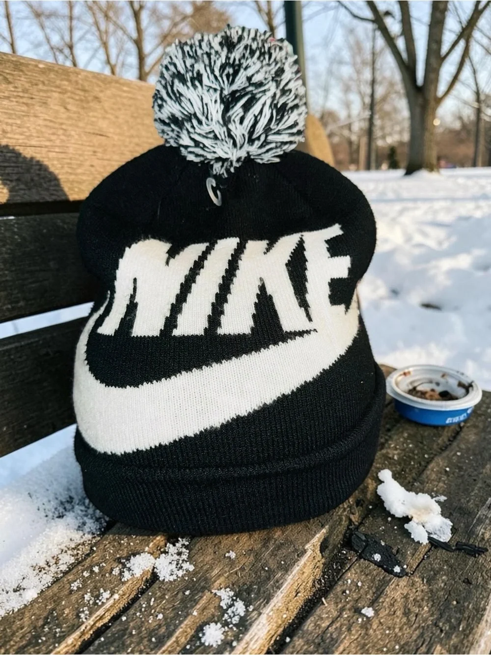 Nike Beanie With Pom Black/White Child One Size Swoosh Logo Outdoor